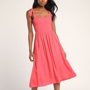 Lulus Looking Up Hot Pink Smocked Tie-strap Midi Dress - Size S